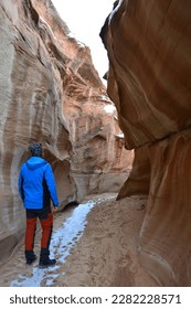 one person hiking the Dry Fork Slot Canyon at the Lower trailhead, Hole in the Rock road in Utah Grand Staircase Escalante National Monument, America - Shutterstock ID 2282228571