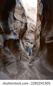 one person hiking the Dry Fork Slot Canyon at the Lower trailhead, Hole in the Rock road in Utah Grand Staircase Escalante National Monument, America - Shutterstock ID 2282241505