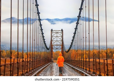 One Person On The Bridge From The Back View, Travel Adventure, Suspension Bridge