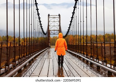 One Person On The Bridge From The Back View, Travel Adventure, Suspension Bridge