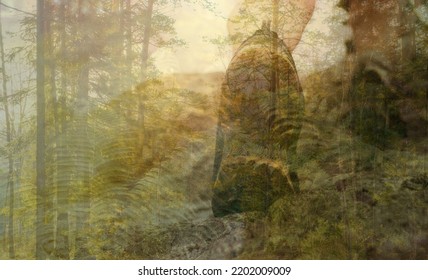 One Person Walking In The Woods. Multiple Exposure Photo 