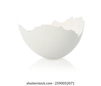One piece of broken eggshell on mirror surface against white background