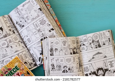 One Piece Manga Book In Blue Table, Japanese Comic Style In Spanish, Vitoria, Spain, July Of 2022