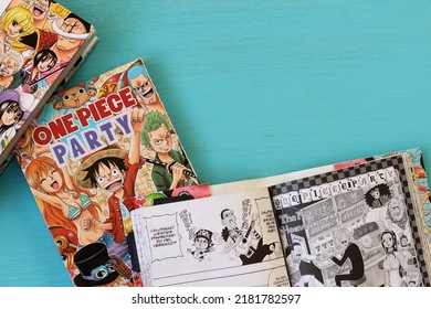 One Piece Manga Book In Blue Table, Japanese Comic Style In Spanish, Vitoria, Spain, July Of 2022