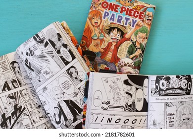 One Piece Manga Book In Blue Table, Japanese Comic Style In Spanish, Vitoria, Spain, July Of 2022