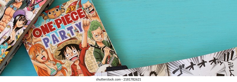 One Piece Manga Book In Blue Table, Japanese Comic Style In Spanish, Vitoria, Spain, July Of 2022