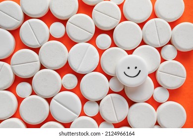 One Pill With Drawn Happy Face Among Ones On Color Background, Closeup