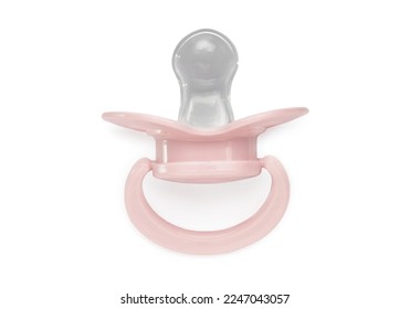 One pink baby pacifier isolated on white, top view