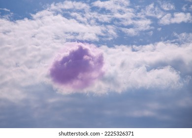 One Pink Cloud Among Ordinary Cumulus Clouds. Romantic Light In The Sky