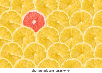 One Pink Grapefruit Slice Stand Out Of Yellow Lemon Slices - Powered by Shutterstock