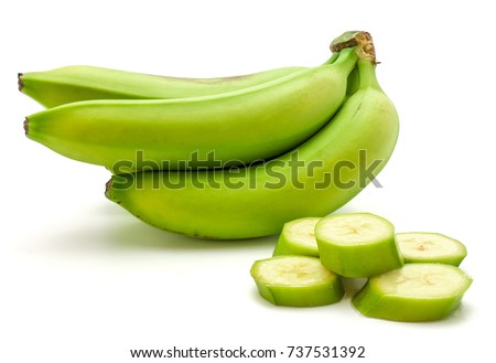 One plantain cluster and slices isolated on white background