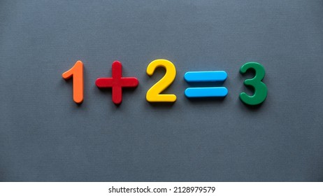 One plus two equal to three. Colorful numbers on a grey background.