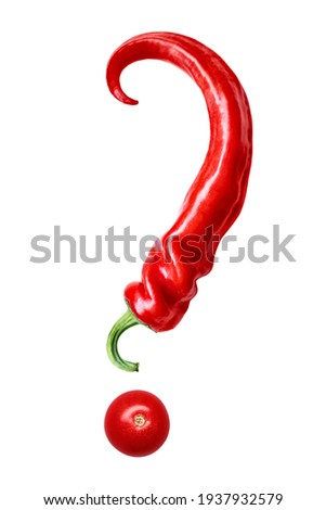 One pod of a red sharp hot chilean pepper curved shape, similar to a question mark with tomato, isolated on a white background close-up. Hot topic