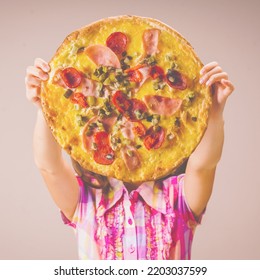 One Pretty Young Girl Holding Tasty Big Slice Of Pizza Ready To Eat. 