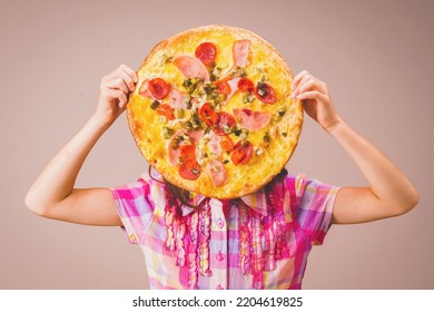 One Pretty Young Girl Holding Tasty Big Slice Of Pizza Ready To Eat. Horizontal Imaage.