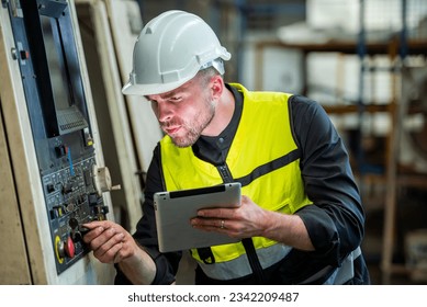 one professional engineer worker technician assistant in helmet inspection check old machine construction factory with colleague manager. check old machinery production construction operating - Powered by Shutterstock