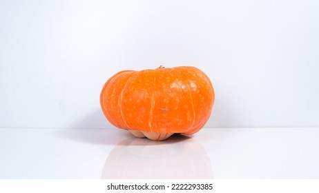 One Pumpkin On A White Background. The Concept Of Autumn Fruits And Thanksgiving Holiday. Copy Space.