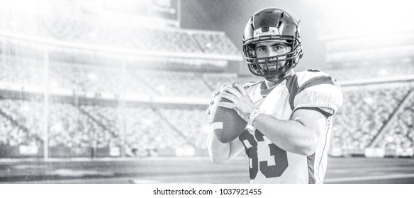 One Quarterback American Football Player Throwing Ball Isolated On Big Modern Stadium Field With Lights And Flares