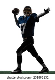 One  Quarterback American Throwing Football Player Man In Silhouette Studio Isolated On White Background