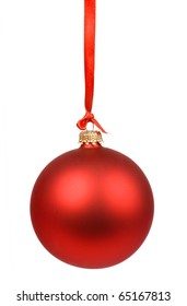 One Red Ornament Hangs On A Red Ribbon