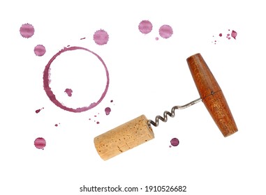 One Red Wine Cork, Corkscrew Bottle Opener, Dry Circle Ring Stain Of Glass And Blob Drops Isolated On White Background