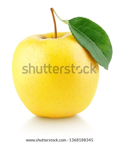 One ripe yellow apple fruit with green leaf isolated on white background with clipping path