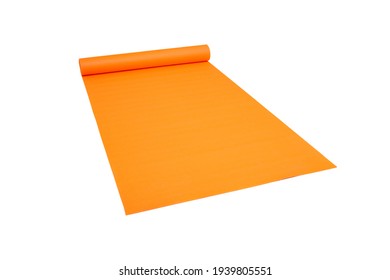 One Roll Up The Orange Yoga Mat  For Fitness And Pilates, On White Background, Isolated