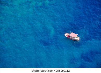 One Romantic Alone Boat In Blue Sea, Bird's Eyes View, Capri Island, Italy