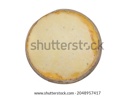 One round old cheese. Old cheddar cheese. Delicious cheese on a white background.