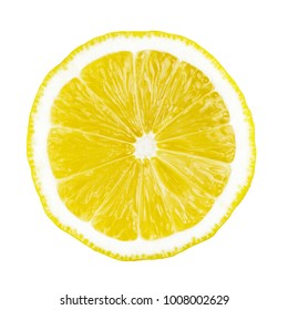 One Round Slice Of Yellow Ripe Lemon Fruit, Isolated On A White Background, Top View.