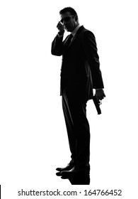 One Secret Service Security Bodyguard Agent  Man In Silhouette  On White Background