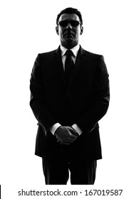 One Secret Service Security Bodyguard Agent  Man In Silhouette  On White Background