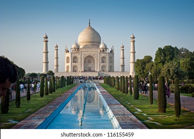  One of the seven wonders of the world - Taj Mahal mausoleum in evening light. Arga, India.