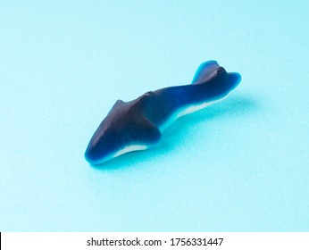 One Shark Gummy Bear On A Blue Background