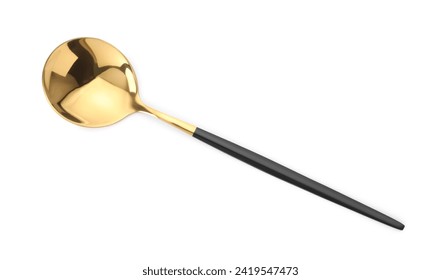 One shiny golden spoon with black handle isolated on white, top view