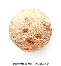 One Single Caramel Ice Cream Ball Or Scoop Isolated On White Background. Top View