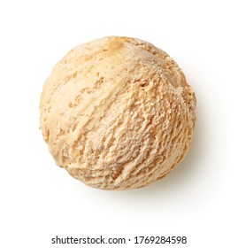 One Single Caramel Ice Cream Scoop Or Ball Isolated On White Background. Top View