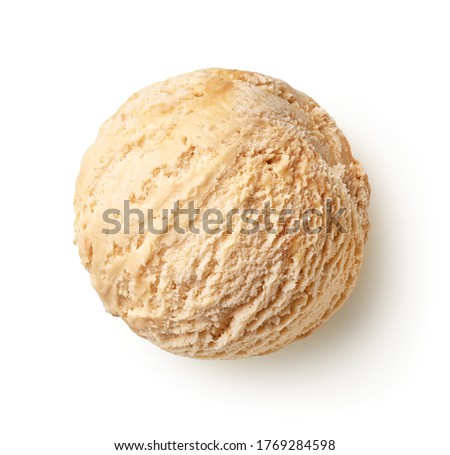 One single caramel ice cream scoop or ball isolated on white background. Top view