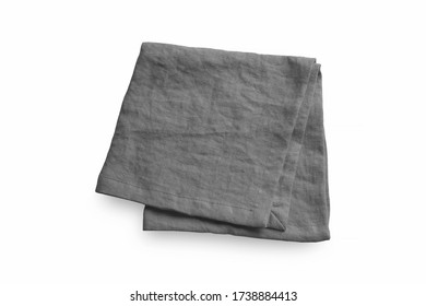 One Single Gray Table Seting Serve Linen Cotton Napkin Made Of Organic Raw Softened Crumpled Cotton Material For Kitchen Utensils, Fork And Knife. Top View From Above On Kitchen Textile