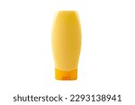 One single new clean blank generic yellow shampoo bottle, object isolated on white, cut out, front view, empty mockup template, no label, no logo. Bathroom supplies, beauty, hygiene product container