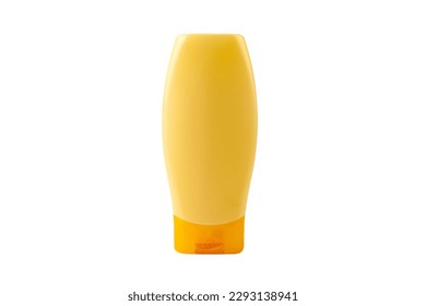 One single new clean blank generic yellow shampoo bottle, object isolated on white, cut out, front view, empty mockup template, no label, no logo. Bathroom supplies, beauty, hygiene product container