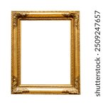 One single old painting frame isolated on white background blank empty cut out middle, gold vertical gilded picture frame front view, frontal shot, nobody, museum art gallery interior, exhibition