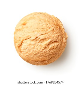 One Single Orange Apricot Ice Cream Ball Or Scoop Isolated On White Background. Top View