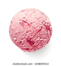 One Single Pink Strawberry Ice Cream Ball Or Scoop Isolated On White Background. Top View