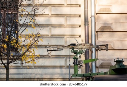 One Single Simple Machine Gun On Top Of A Military Vehicle In The City, Detail, Closeup, Nobody. War And Warfare Abstract Concept, Weapons, Weaponry, Car Gun Mount, No People