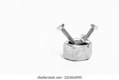 One Size Dose Not Fit All Idea, Put The Right Man On The Right Job Concept, Large Bolt And Different Size Nuts On White Background