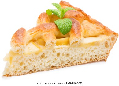 One Slice Of Apple Pie Decorated With Mint Leaf  Isolated On White Background 