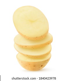 One sliced raw potato, pieces on top of each other, isolated on white background