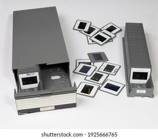 One Slide Box And Transparency Photo Slides In A Projector Tray