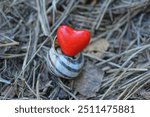 one snail with a red plastic heart toy lies on the gray ground on the street